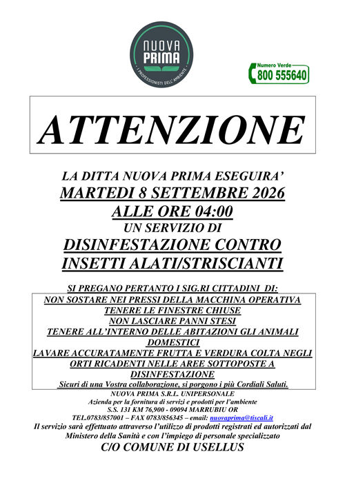 ATTENZIONE - Disinfestazione contro insetti alati/striscianti martedì 8 settembre 2026 dalle ore 04:00